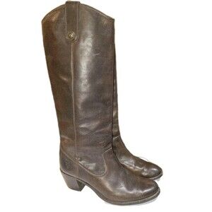 FRYE JACKIE 11B Vintage Tall Distressed Brown Leather Heel Logo Button Boots